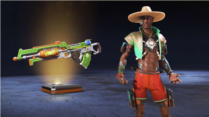 Seer's swimsuit skin from the Sun Squad Collection Event in Apex Legends with a Flatline.